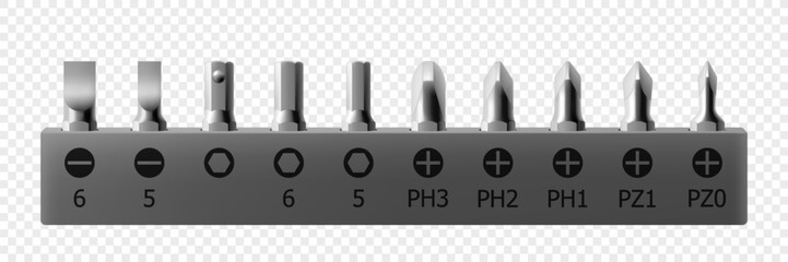 Isometric set of metal bits for screwdriver isolated on white background. Bits for electric drill or cordless screwdriver. Hand tools for repair. Bits for bolts and screws. Realistic 3d vector