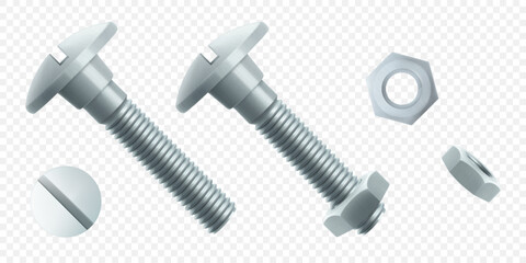 Steel bolts and hex nut isolated on white background. Realistic 3d stainless steel bolt and nut icon. Screw-nuts and bolts. Isometric vector illustration