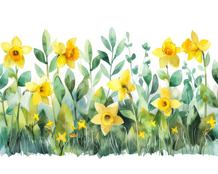 Watercolor seamless border of yellow daffodils and green leaves on a white background.