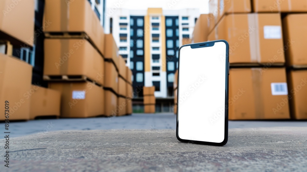Poster smartphone mockup with blank screen surrounded by stacked cardboard boxes in urban setting.