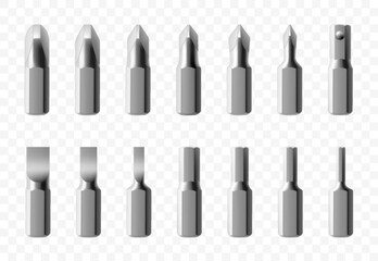 Isometric set of metal bits for screwdriver isolated on white background. Bits for electric drill or cordless screwdriver. Hand tools for repair. Bits for bolts and screws. Realistic 3d vector