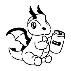 Get this doodle icon of dragon drinking soda can 