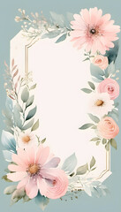 A watercolor floral frame with leaves and flowers surrounding a blank white center. The design is delicate and elegant, suitable for invitations, wedding or greeting cards.