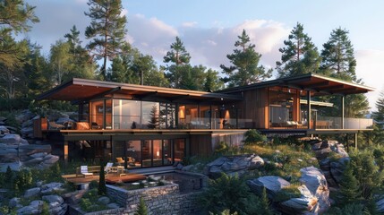 Obraz premium rchitectural plans for a contemporary mountaintop retreat with luxury cabins and eco-friendly amenities