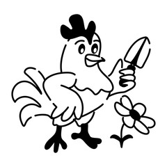 Easy to edit doodle icon of gardening chicken 