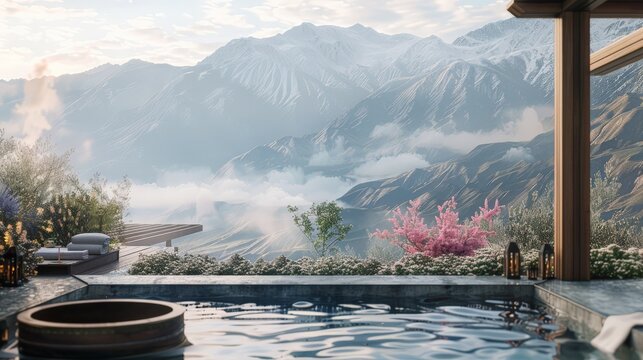 Scenic mountain view from a luxury hot spring bath, with lush greenery and pink blossoms in the background under a serene sky.