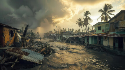 Naklejka premium A photo of the aftermath of a hurricane in a small town. The streets are flooded, the houses are damaged, and the trees are uprooted.