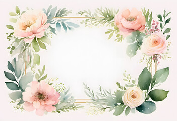 Fototapeta premium A watercolor floral frame with leaves and flowers surrounding a blank white center. The design is delicate and elegant, suitable for invitations, wedding or greeting cards.