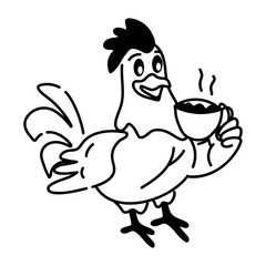 Trendy doodle icon of a rooster drinking tea 