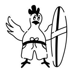 A well-designed doodle icon of surfing chicken 