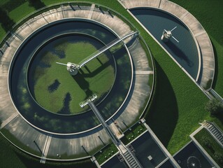 Naklejka premium Aerial view of modern water cleaning facility at urban wastewater treatment plant