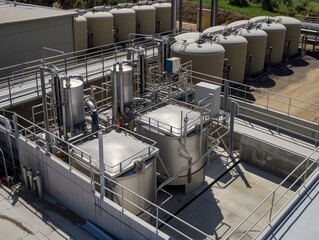 Aerial view of modern water cleaning facility at urban wastewater treatment plant