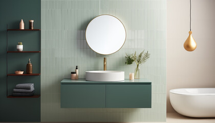 Stylish bathroom interior with green tiled walls round mirror and freestanding bathtub