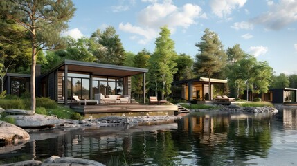 Obraz premium rchitectural plans for a contemporary lakeside retreat with luxury cabins and recreational amenities