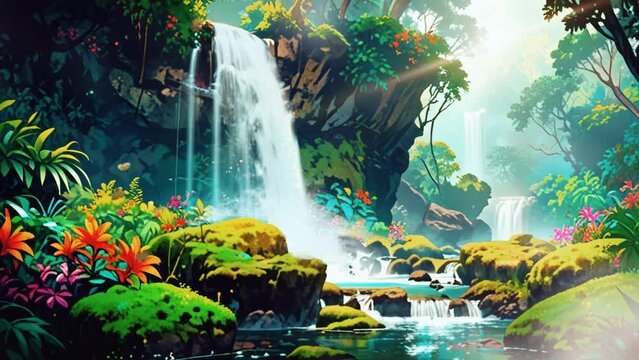 beautiful view of waterfall in tropical forest background. seamless looping time lapse virtual 4k video animation background.