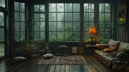 Cozy cabin interior, wooden floor, large window with a forest view, a rainy day outside, moody, atmosphere, realistic