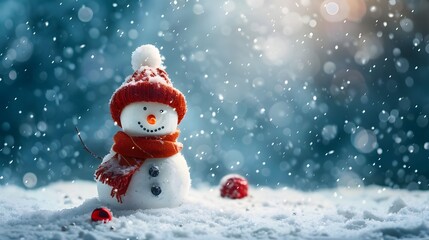 Fototapeta premium View of a snowy mountain winter background, Snow man