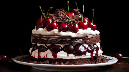 A decadent black forest cake layers with cherry and chocolate crunch and cream