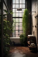 clay brick style bathroom with a lot of plants, interior design shower, ashower interior design natural factory style vibe