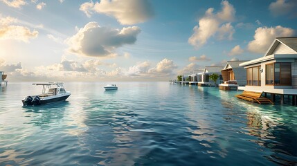 Naklejka premium Beautiful view of the resort with overwater villas. The concept of advertising holidays, travel. Luxury resort, banner background with copy space. 