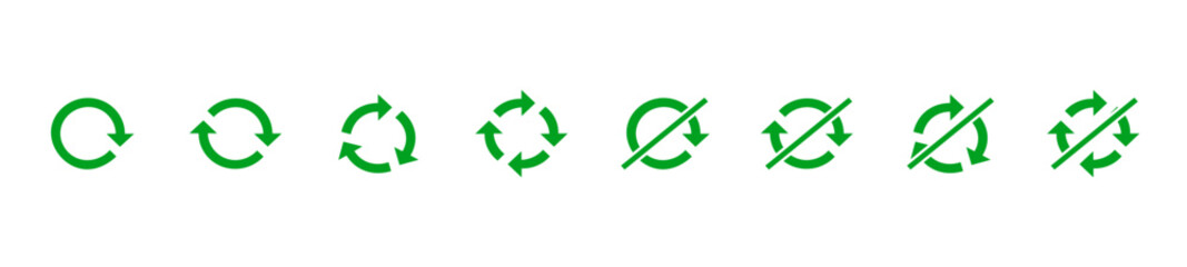 Green arrow circle icon set. Round green reboot sign, repeat icon, arrow rotation symbol, vector Illustration on a white background
