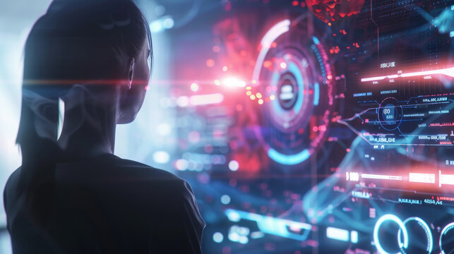 A person watches as a futuristic loading bar flashes on a screen, showing the progress of a data or software download. The bar slowly fills from 0 to 100 percent.