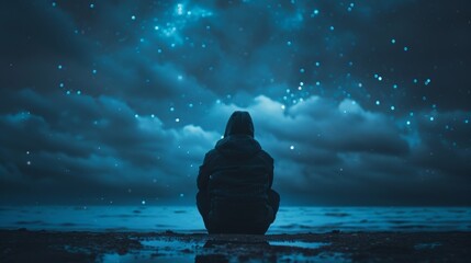 A solitary figure hooded and facing away sits by a tranquil shoreline under a starry night sky, contemplating the vastness of the universe
