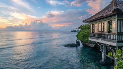 Fototapeta premium Gorgeous view of the ocean. A beautiful overwater house. On the Sunset. Resort, banner background with copy space.