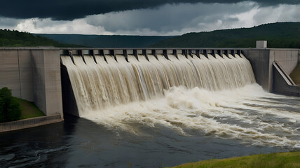 a hydroelectric dam during a storm, with dark clouds overhead and water rushing forcefully through the spillways, emphasizing the power and scale of the structure