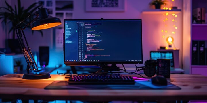 Digital technology, software development concept. Coding programmer, software engineer working on laptop with circuit board and javascript on virtual screen, internet of things IoT