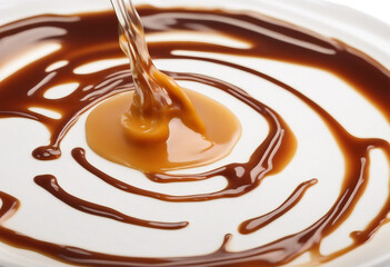 Melted caramel delicious caramel sauce or maple syrup swirl isolated on white background