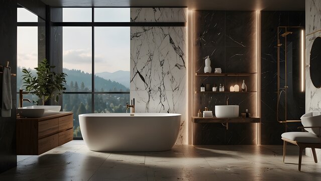 Modern minimalist bathroom interior design, dark color theme home decor washroom bathtub interior design