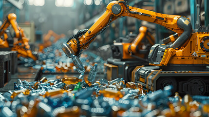 A robot arm is picking up plastic bottles in an industrial factory. with other machines and robots that work in different recycling stages