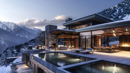 Obraz premium Blueprints of a luxurious mountain lodge with sustainable design and stunning views