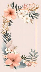 A watercolor floral frame with leaves and flowers surrounding a blank white center. The design is delicate and elegant, suitable for invitations, wedding or greeting cards.