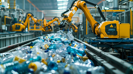 A robot arm is picking up plastic bottles in an industrial factory. with other machines and robots that work in different recycling stages