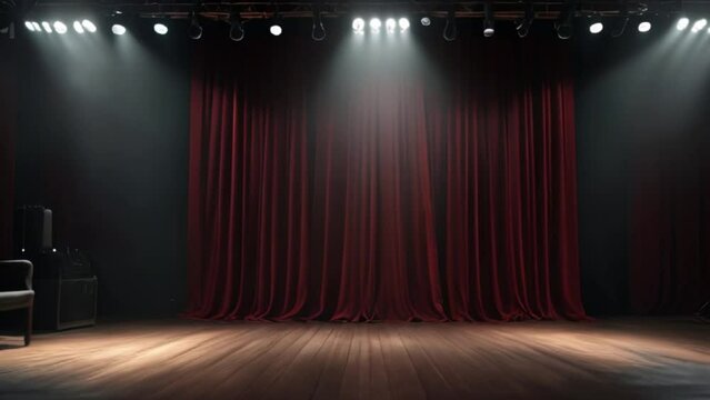 A performance stage with maroon curtains with several white spotlights.