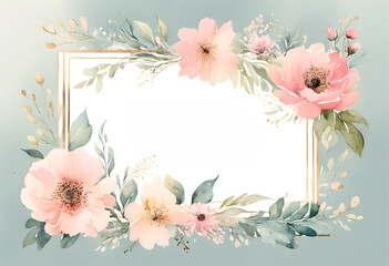A watercolor floral frame with leaves and flowers surrounding a blank white center. The design is delicate and elegant, suitable for invitations, wedding or greeting cards.
