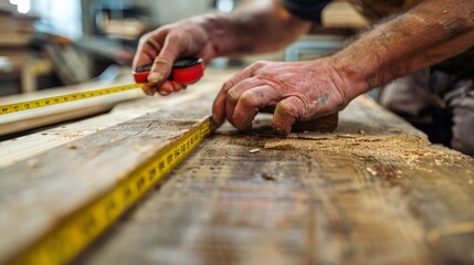 Close-up of a carpenter using a tape measure on a piece of wood in a workshop, focused on precision and craftsmanship.
