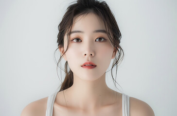 Beautiful Chinese woman wearing a light gray tank top facing the camera in front of a white background in the style of