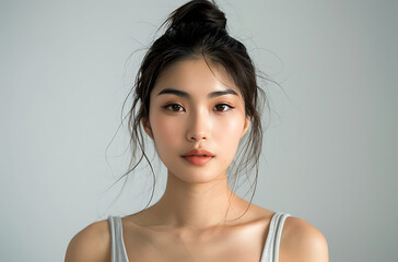 Beautiful Chinese woman wearing a light gray tank top facing the camera in front of a white background in the style of