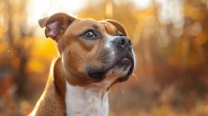 A heartwarming image of a brown and white dog captured in a sunlit forest during the autumn season, showing an attentive and alert expression