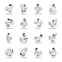 Set of Cute Roosters Doodle Icons


