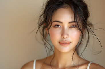 Beautiful Japanese woman smooth skin smiling touching her face front of camera wearing white sleeveless top posing advertising campaign background beige creating simple yet elegant atmosphere Her hair