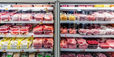 Fototapeta premium Open Refrigerator Shelves Displaying Various Types of Frozen Meats, Highlighting Carnivorous Diet, Protein-Rich Foods, Organic Delicacies, and Seasonal Ingredients in High-Resolution AI-Generated Wall