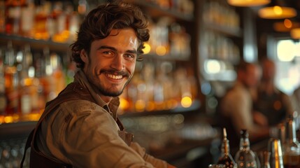 Obraz premium A cheerful bartender with a friendly smile at a stylish bar, surrounded by shelves full of various bottles, mixing drinks and engaging with patrons