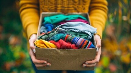 Volunteer hands holding a clothes donation box filled with clothing items of all colors
