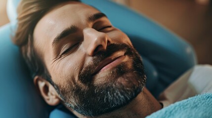 Content man with a beard smiling peacefully while resting on a comfortable pillow