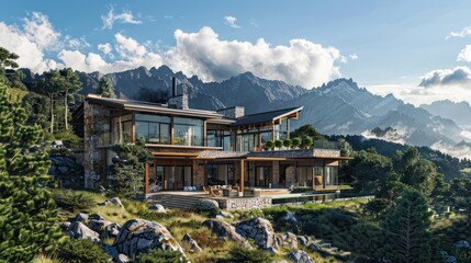 Blueprints of a luxury mountain retreat with sustainable design and stunning views
