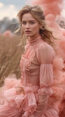 Elegant young woman in a flowing pink dress posing gracefully in a natural outdoor setting with tall grasses and soft pink floral elements
